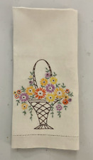 Vintage Hand Embroidered Fine Linen Hand Towel Basket of Flowers 14 x 20 picture