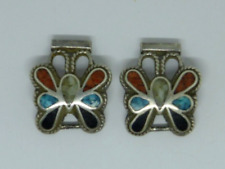 Vtg Navajo Sterling Silver Butterfly WATCHTIPS Turquoise Coral Black Onyx picture