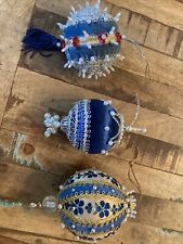 Vintage Christmas Ornaments Handmade Beaded Satin Pushpin Set Of 3 Blue Silver picture