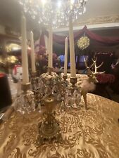 Vintage Baroque Tall  Heavy Brass  5 Arm Ornate Candelabra Huge Prisms- 17In. picture