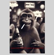 Funny Monkey Drnking Beer PHOTO Smoking Cigarette Crazy Freak in Bar Art picture