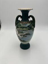Japanese Satsuma style Moriage VASE Vintage Dual Handle Urn Pottery StorkPainted picture