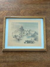 Vintage Chinese Coloured Woodblock Print Scenic Waterfall Landscape Rose Frame picture