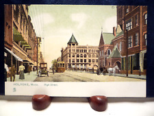 1907-15 Holyoke, MA High Street View, Trolley, Horse, Signs, Stores ~ TUCK pc picture