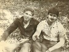 1984 Two Young Handsome Guys Affectionate Men Sitting on Grass Gay Int Old Photo picture