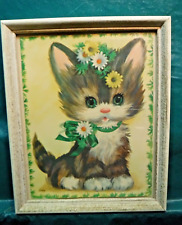 VTG~MCM~Coby Kitten~Cute Green Eyed Cat~Daisies~White & Gold~Wood Framed Picture picture