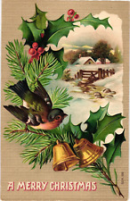 1913 Bird Mistletoe Bells MERRY CHRISTMAS Textured Germany Postcard picture