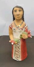 Mexican Terra Cotta Vintage Pottery Woman Figurine At Market Holding Food 10.5