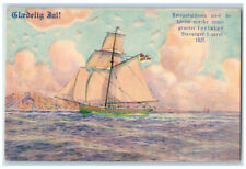 c1930's Merry Christmas Message Schooner Boat Norwegian Immigranter Postcard picture
