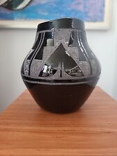 Vintage Native American Navajo Black Glazed Vase By Mary Saxon Signed 1993 picture