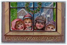 c1910's New Year Four Little Girls In Window Wreath Snow Winter Antique Postcard picture