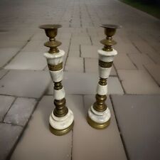 Vtg Pair Brass & Marble Candle Holders 16 Inches Tall Phenix Peacock Bird Motif picture
