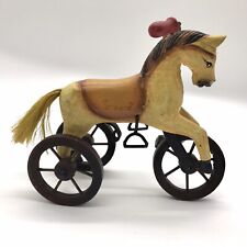 Vintage Folk Art Carved Wood Horse on Wheels Tricycle Style Wood Wheels picture