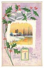 Happy New Year. January 1, Embossed Postcard. Bells And Holly. Posted picture