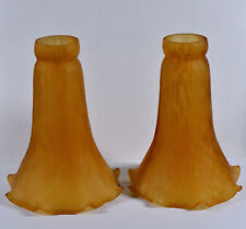 2 Vtg Amber Glass Lily Tulip Trumpet Flower Tiffany Style Lamp Shades picture