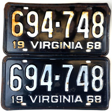 Virginia 1968 Old License Plate Set Vintage Car Man Cave Garage Collector Decor picture