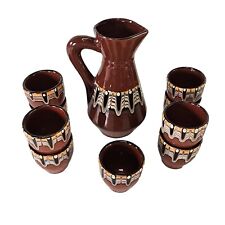 Vintage 1950s Bulgarian Troyan Red Feather Pitcher & Cup Set 9 Cups 12 oz picture