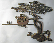 Vintage Brass Bonsai Tree of Life Sunset Dolphin Wall Hanging 14x11 inches picture