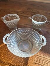 Vintage Anchor Hocking White Opalescent Hobnail Sugar, Cream Set and Bowl, 1940s picture