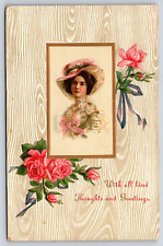 Original Vintage Antique Postcard Victorian Lady Dress Hat Flowers Gold Inlay picture