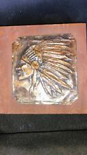 Vintage Embossed Metal Native American with Headdress Plaque  picture