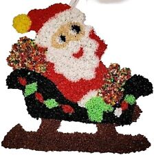 Melted Plastic Popcorn Santa Claus In Sleigh Wall Hanging Christmas Decor Vtg picture