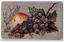 New Lisbon Wisconsin Postcard Peach Grapes Glitter Fruits c1910 Vintage Antique picture