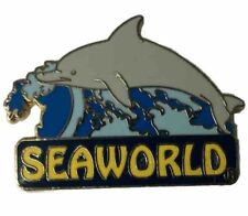 RARE SeaWorld Park Pin Dolphin On Ocean Wave Vintage Pinback w/ Shamu Backing picture