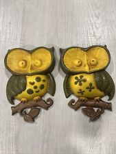 Vintage Sexton Owls Cast Metal Wall Art 1970 Green Yellow Retro Hanging Set picture