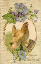UDB Embossed Easter Postcard; Golden Hen & Chicks in Clematis Vine Vignette picture