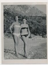 Two Bikini Women Pose on Beach Swimwear Ladies Leggy Vintage Photo Original picture