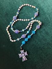Handmade Blue Beads & Pearl Rosary Rhinestone Cross Catholic Unique  picture
