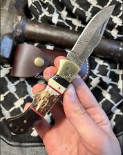 Personalized Damascus Folding Knife Deer Handle Pocket Knife, EDC Knife, Hand picture