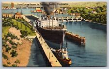 Seattle Washington~Ship In Canal Locks Second To Panama~Vintage Linen Postcard picture