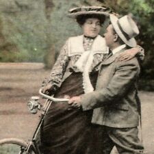 Vintage Romantic Postcard c1910 Couple Outdoors with Bicycle picture