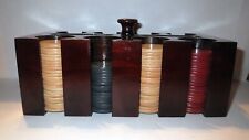 Antique Mahogany Wood CASINO CADDY SET - STEER BULL GAMBLING - CLAY POKER CHIPS picture