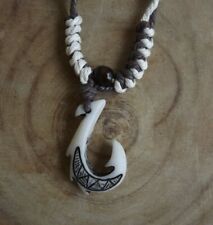 Hawaiian Manu Makau White Bone Fish Hook Necklace W/ Hawaii Koa Wood Bead New picture