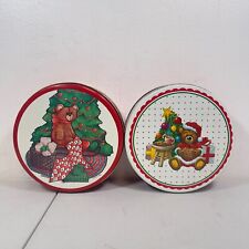 Vintage 2 Pack Retro Christmas Tree Teddy Bear Design Metal Tins picture