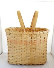 Vintage Woven Yarn Storage Basket w/ Wood Handles & Bottom Tan and Pink Stripe picture