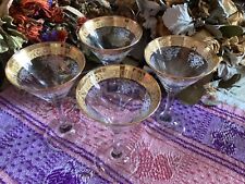 4 Pc  Cellini Martini Glasses Etched Glass; 24K Gold Rim Italian Crystal picture