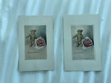 Pair Victorian greeting cards Aquatint Austrian Eduard Sanders  Teddy Bear Roses picture
