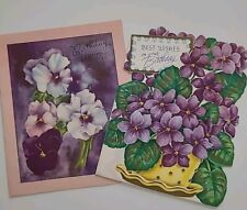 2 UNUSED Vtg PANSY & Sweet VIOLETS Old Stock BIRTHDAY Greeting CARDS picture