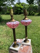PAIR Vintage FENTON Cranberry Opalescent WEDDING RING Lamps picture