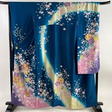 63.4inc Japanese Kimono SILK FURISODE Suzunoya Flower Blue green picture