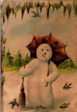 1903 GERMAN New Year Postcard Snowman Smokes Pipe Under Parasol Icicle Border picture