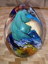 LOOK Unique Glass Egg Paperweight Teal Ribbon Swirl Handblown Art Colorful picture