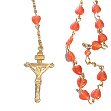 Vintage Pink/Orange Plastic Hearts Rosary Religous picture