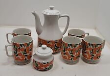 Vintage MCM Japanese Teapot, Sugar, & 5 Cups Flowers Orange Green White picture