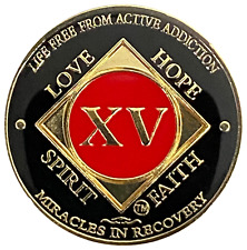 NA 15 Year Red, Gold Color Plated Coin, Narcotics Anonymous Medallion picture