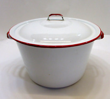 Primitive Old 20's 6x10 White w Red Trim Antique Enamelware Stock Pot Kettle Pan picture